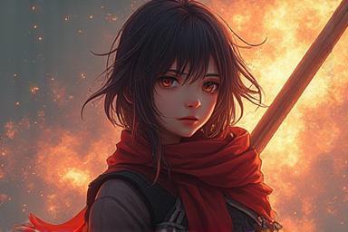 Digital painting of an anime character with detailed coloring, dynamic lighting, and rendered textures.